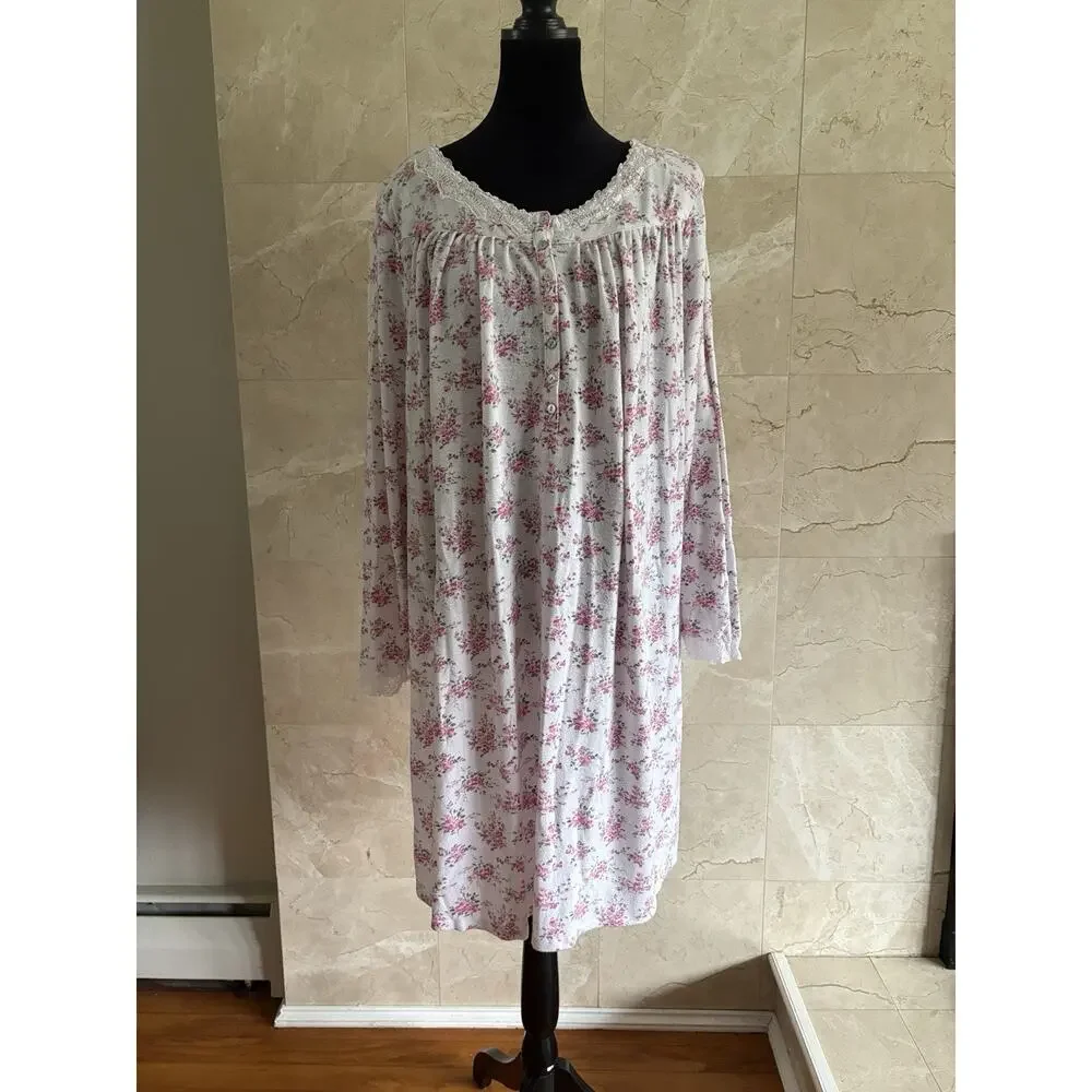 Eileen West Long Sleeve Floral Chemise Nightgown XL Pink Lace Cottage Trad Wife